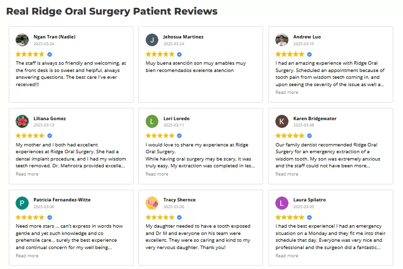 5-star patient testimonials highlighting compassionate care and effective oral anesthesia at Ridge Oral Surgery, Basking Ridge.