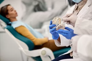 A dentist demonstrates dental implants using a model while a patient sits in the background. The model shows the structure and positioning of dental implant within the mouth.