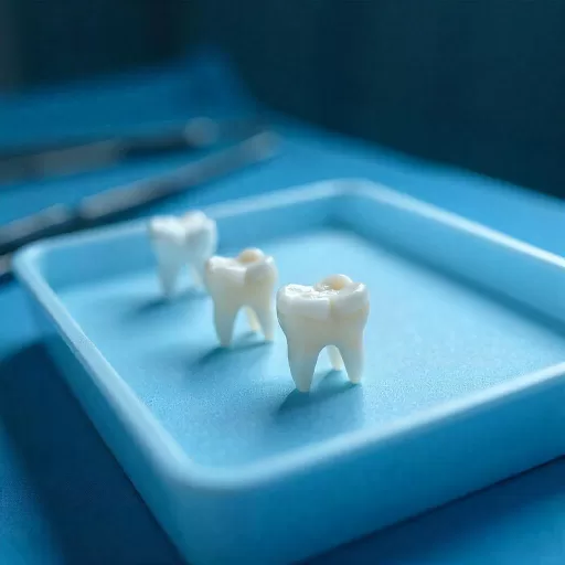 Natural looking zirconia implants set up on a medical tray.