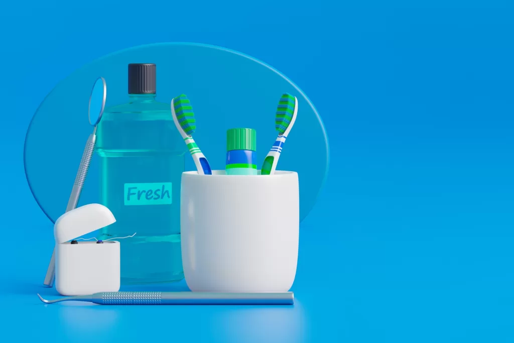 Image of tools used for dental hygiene in one’s daily routine.