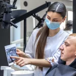 Young dentist showing a patient a dental X-ray at Ridge Oral Surgery clinic.