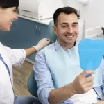 Dentist examining a patient’s dental implant while the patient checks in a mirror during a follow-up visit at Ridge Oral Surgery.
