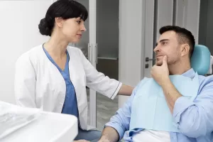 Dentist performing a check-up on a patient at the Ridge Oral Surgery clinic, assessing bone health and oral condition.