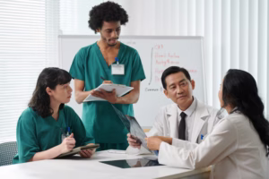 Oral surgery team meeting with a patient in a modern dental clinic, reviewing treatment options, recovery expectations, and scheduling plans for wisdom teeth removal.