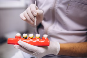 Dentist using a dental implant model to explain zirconia and titanium implant options for replacing missing teeth.