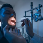 An oral surgeon examines a patient’s mouth during a dental assessment before treatment.