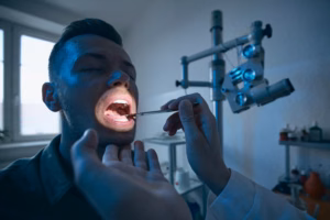 An oral surgeon examines a patient’s mouth during a dental assessment before treatment.